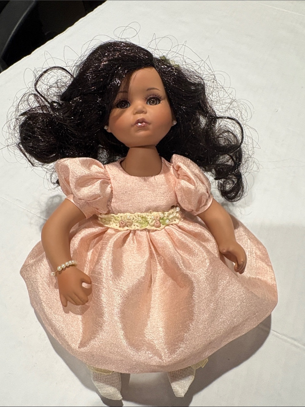 Classic Pink porcelain Party Doll with Dark Hair